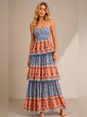 Klesis Blue and Peach Boho Tiered Floral Maxi Dress size S